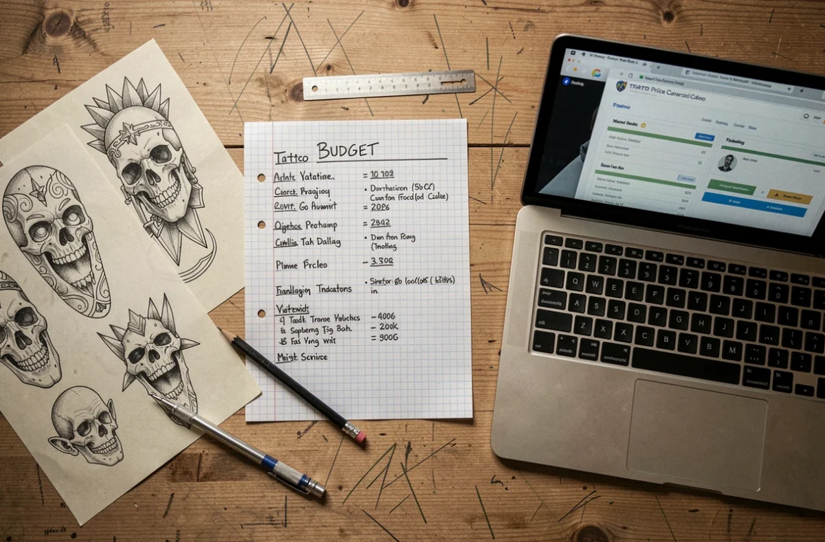 Vue à plat d'un bureau avec calculs manuscrits du coût d'un tatouage, croquis et calculatrice en ligne sur ordinateur portable