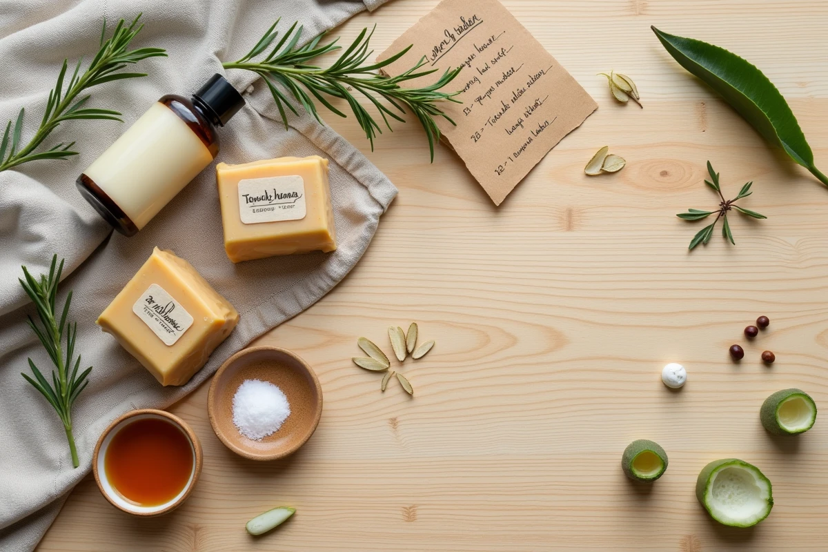 Présentation flat lay de shampoings naturels sans paraben sans silicone avec ingrédients botaniques sur bois clair