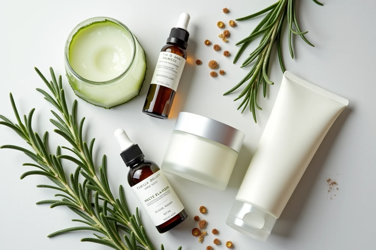 Flatlay de crèmes coiffantes clean beauty pour cheveux bouclés avec ingrédients botaniques sur béton