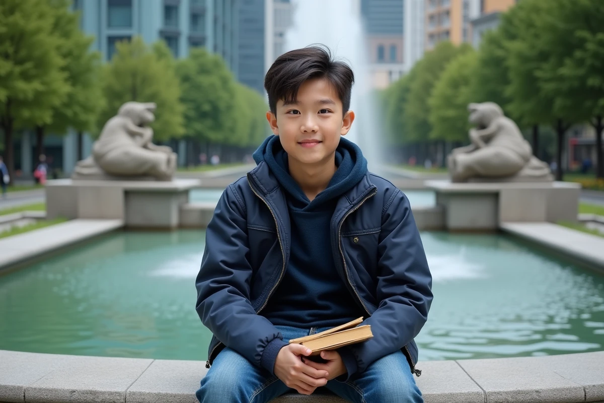 Garçon asiatique assis près d