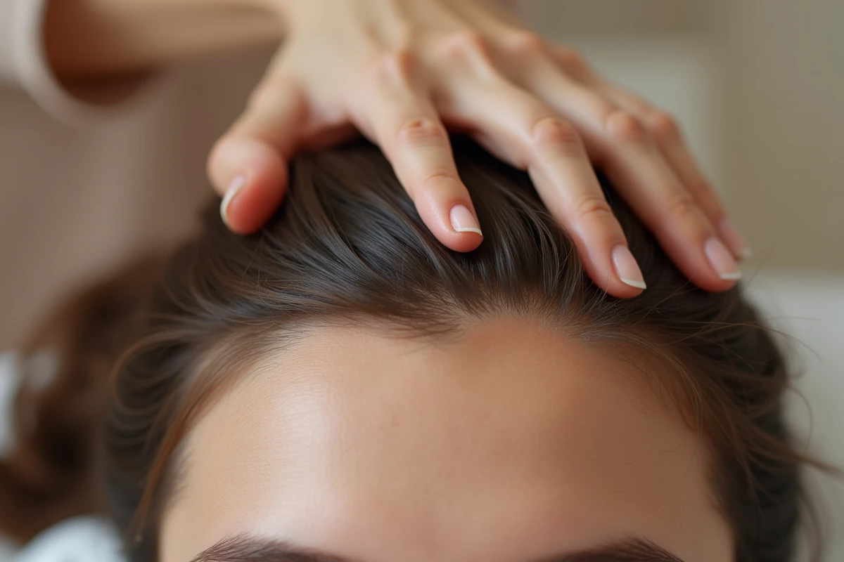 Gros plan sur un cuir chevelu sain après utilisation d'un produit capillaire, sans effets secondaires visibles