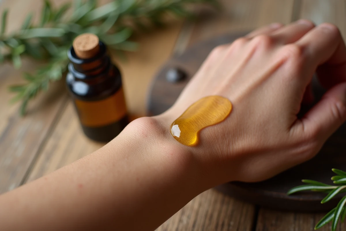 Gros plan sur une peau sensible au teint olivâtre recevant un massage à l'huile d'olive sur l'avant-bras pour apaiser les rougeurs