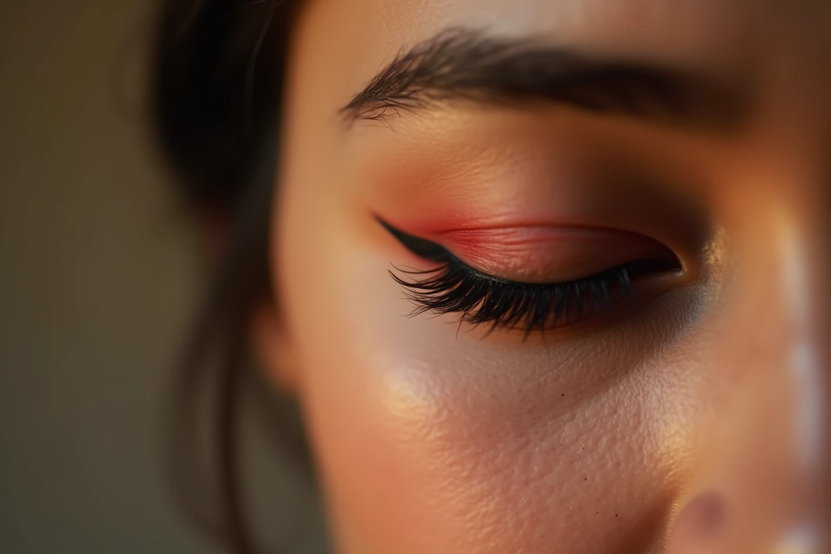 Gros plan d'un œil irrité et rouge après l'application de khôl avec pigment frotté