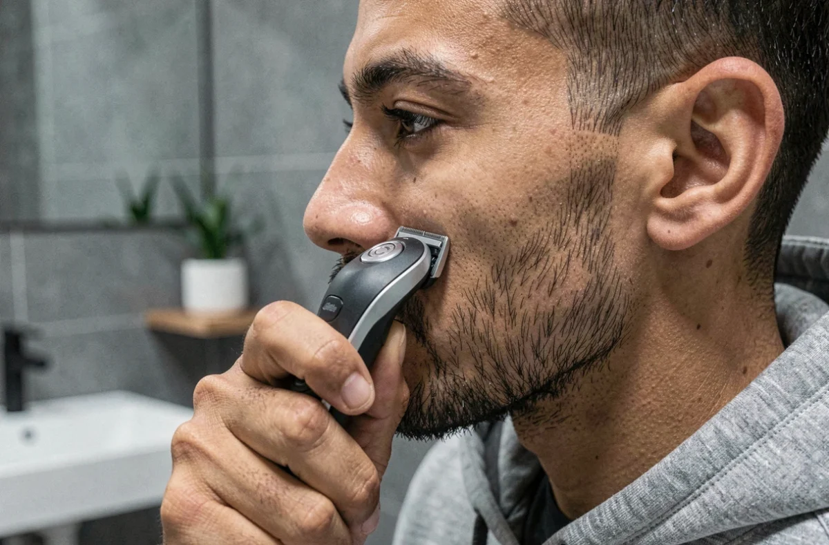 Jeune homme réalisant un rasage de précision des contours de la joue avec un rasoir électrique Gillette en gros plan de profil