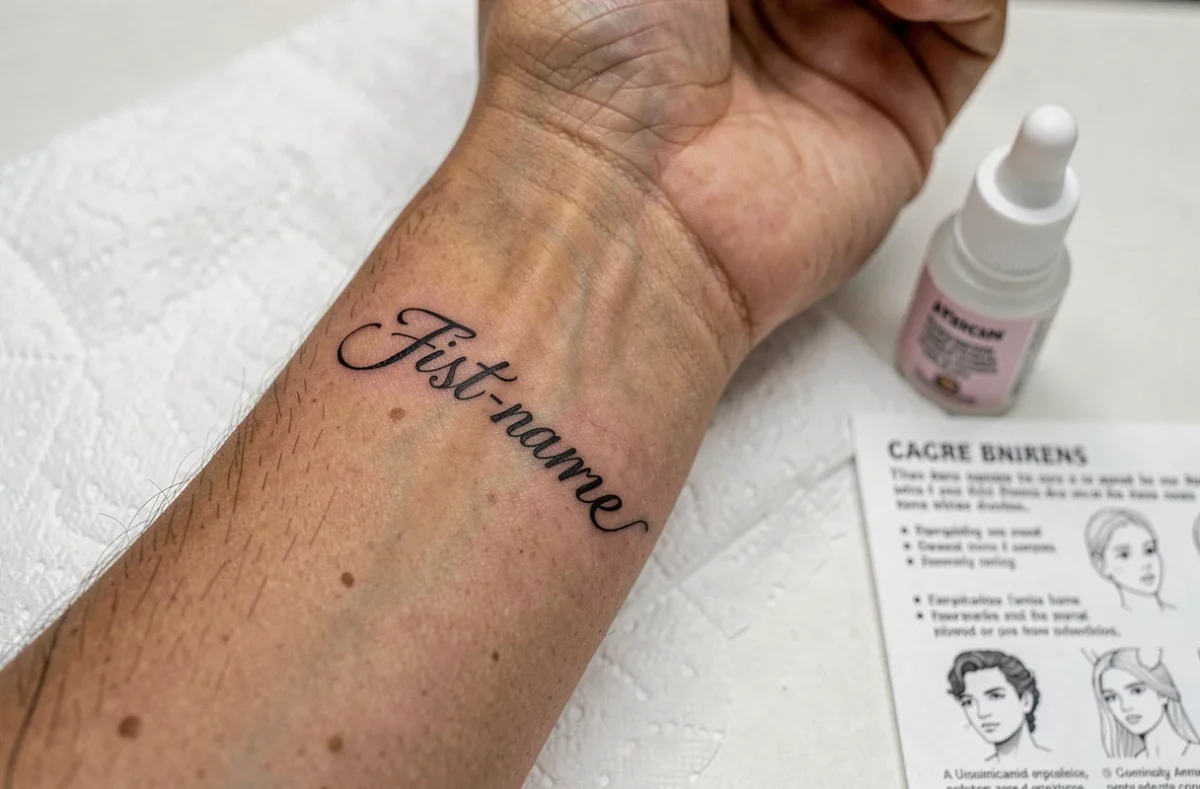 Gros plan sur un tatouage prénom en lettres cursives sur le poignet avec soin post-tatouage visible