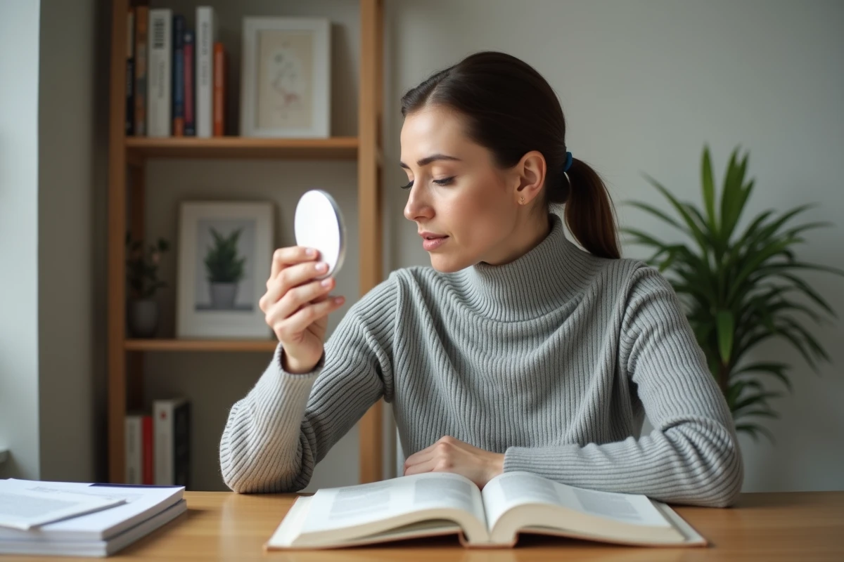 Femme étudiant les caractéristiques du nez grec chez elle avec un miroir et un livre d'anatomie ouvert sur un bureau en bois