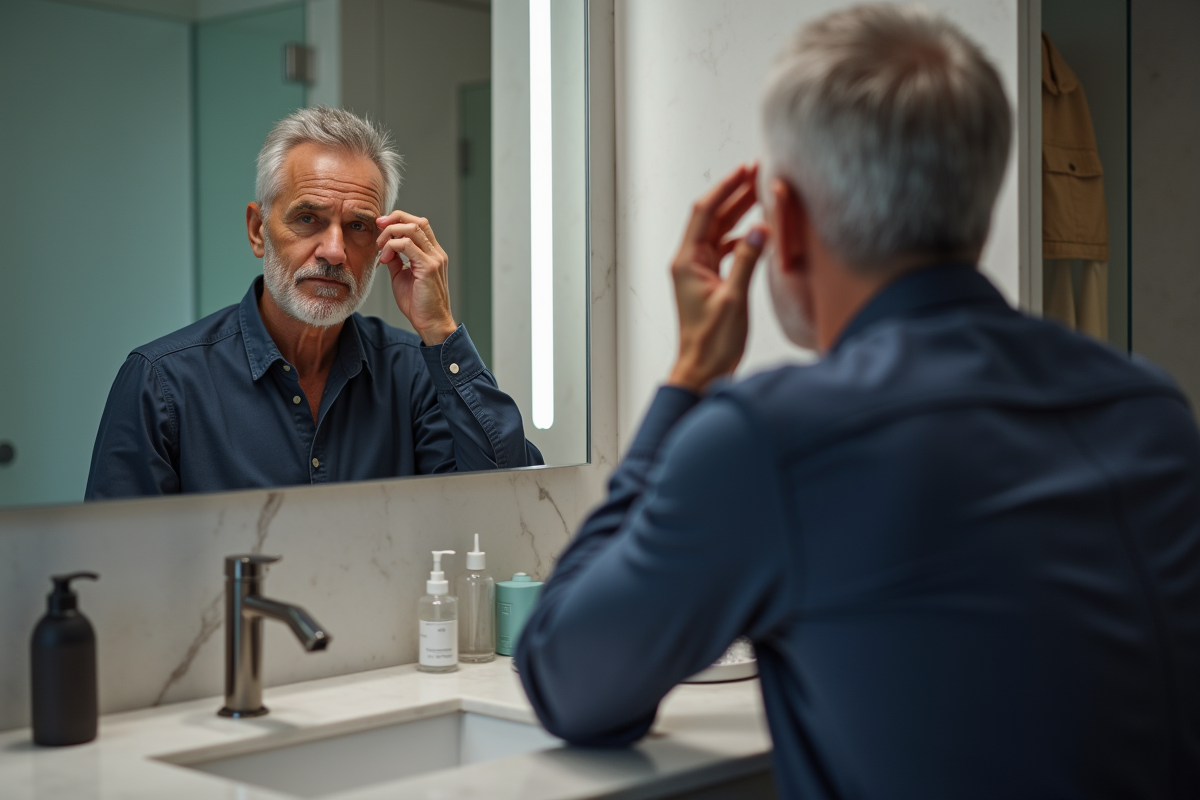 Homme confiant de 50 ans se maquillant dans sa salle de bain