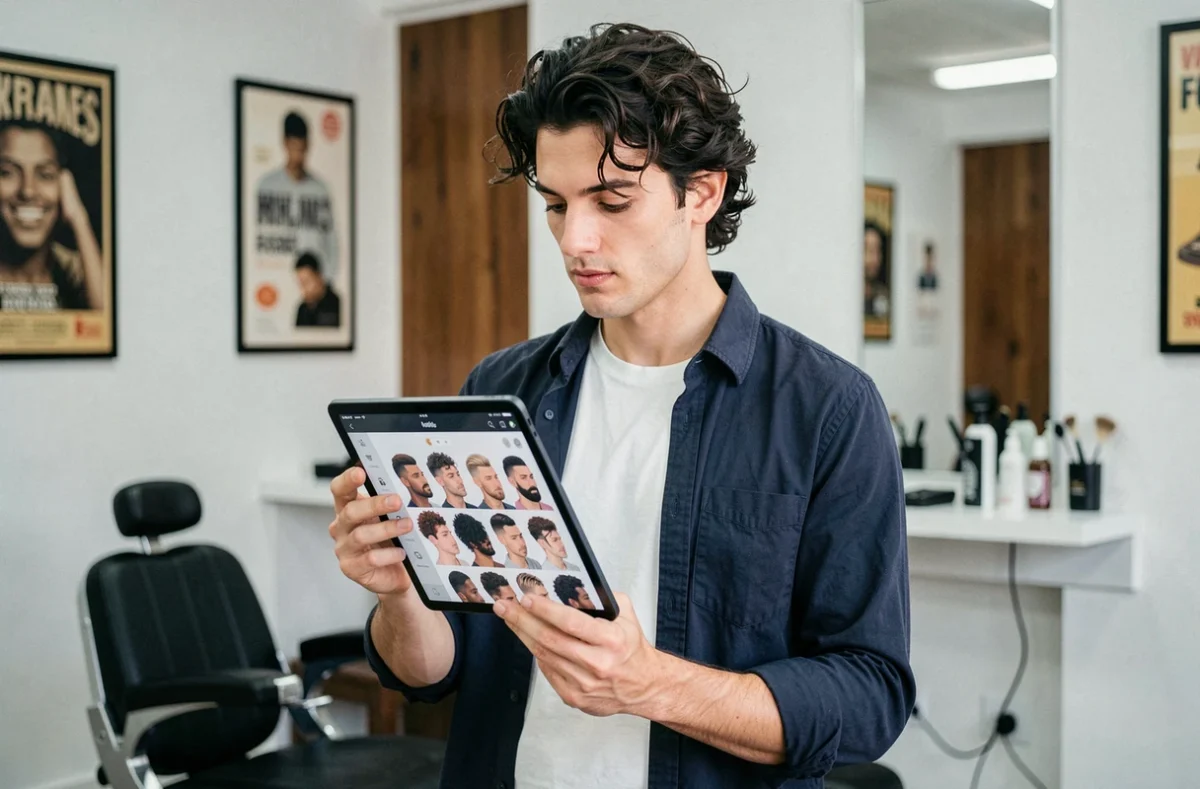 Homme dans un salon de coiffure consultant une application de simulation de coiffure sur tablette