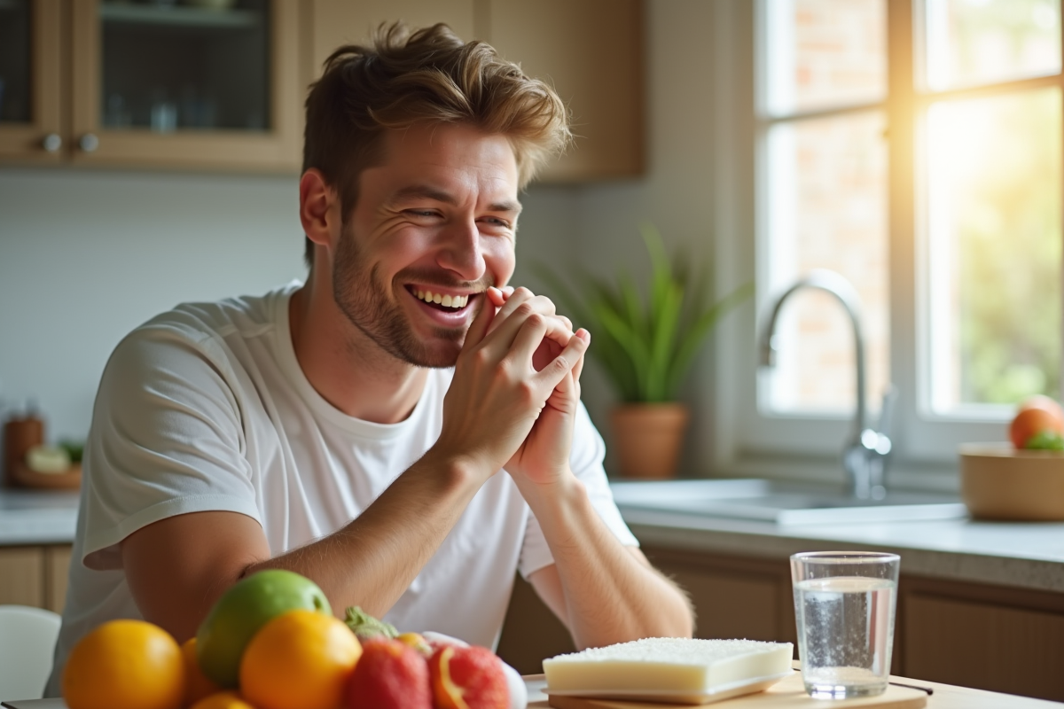 Homme souriant appliquant une compresse froide sur la joue