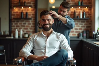 Homme souriant dans un salon de coiffure vintage