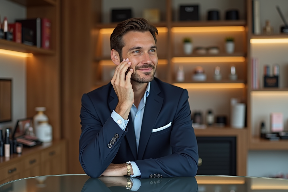 Homme confiant appliquant du fond de teint dans une boutique de beauté