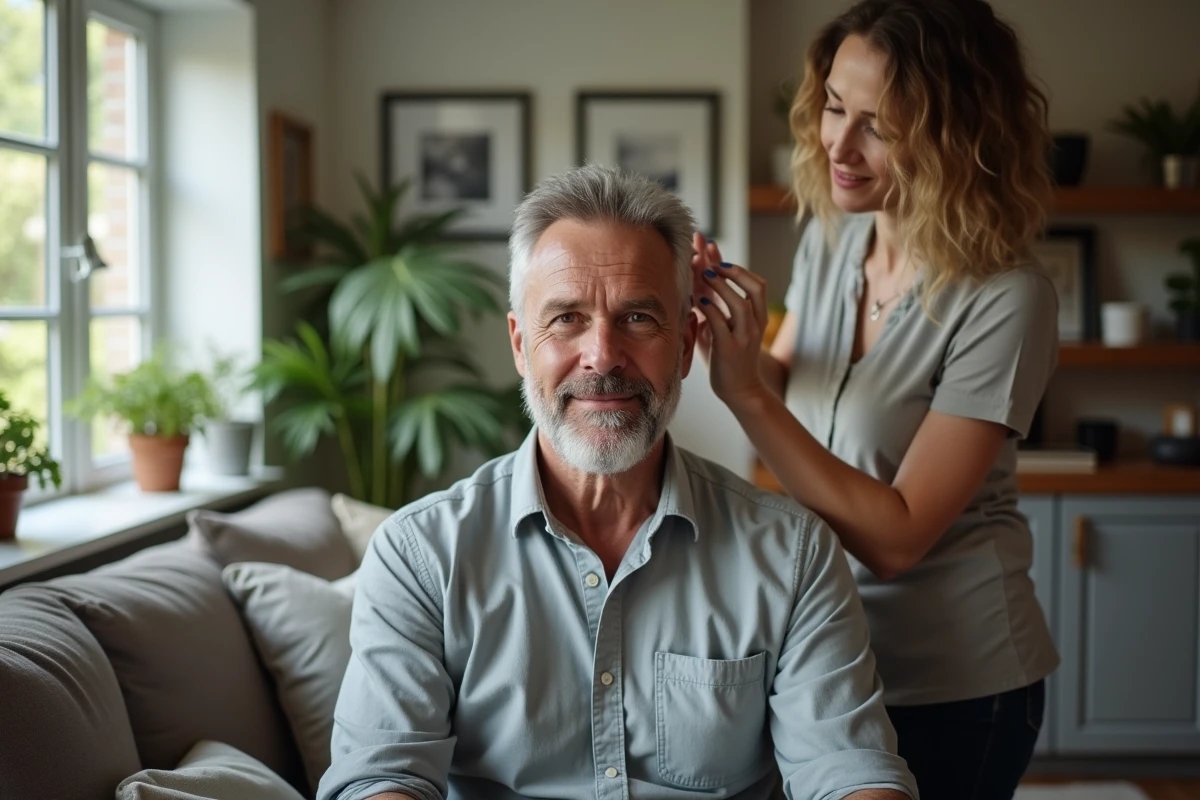 Homme appliquant une coloration grise à la maison