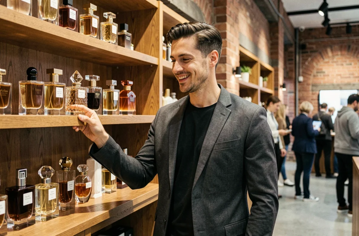 Homme stylé explorant une collection de flacons de parfum dans une boutique concept urbaine