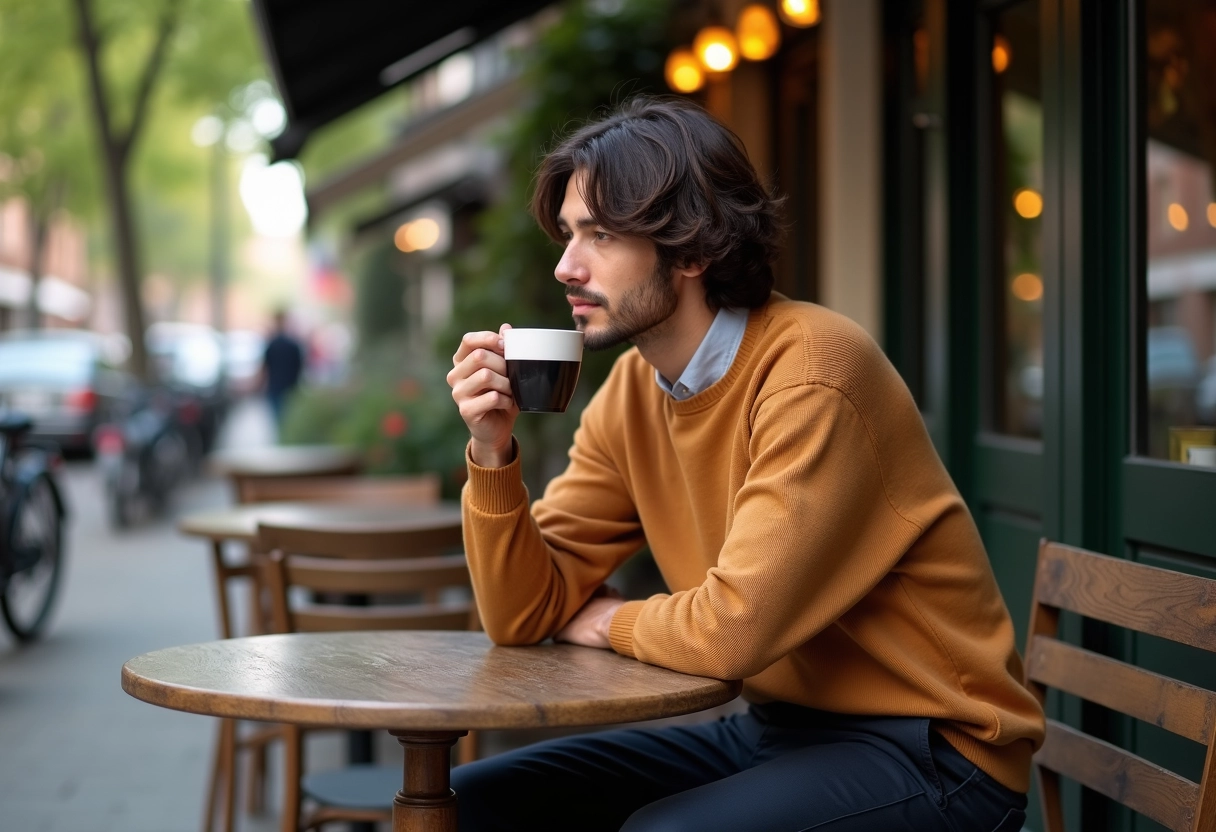 Homme détendu buvant un café en extérieur