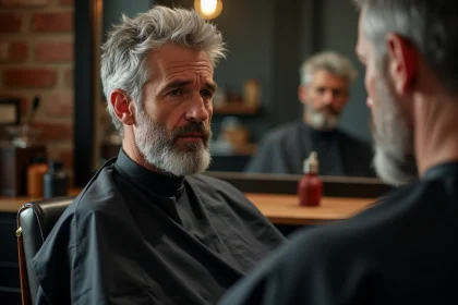 Homme aux cheveux gris en cape noire dans un salon de coiffure moderne se regardant dans le miroir avant une teinture