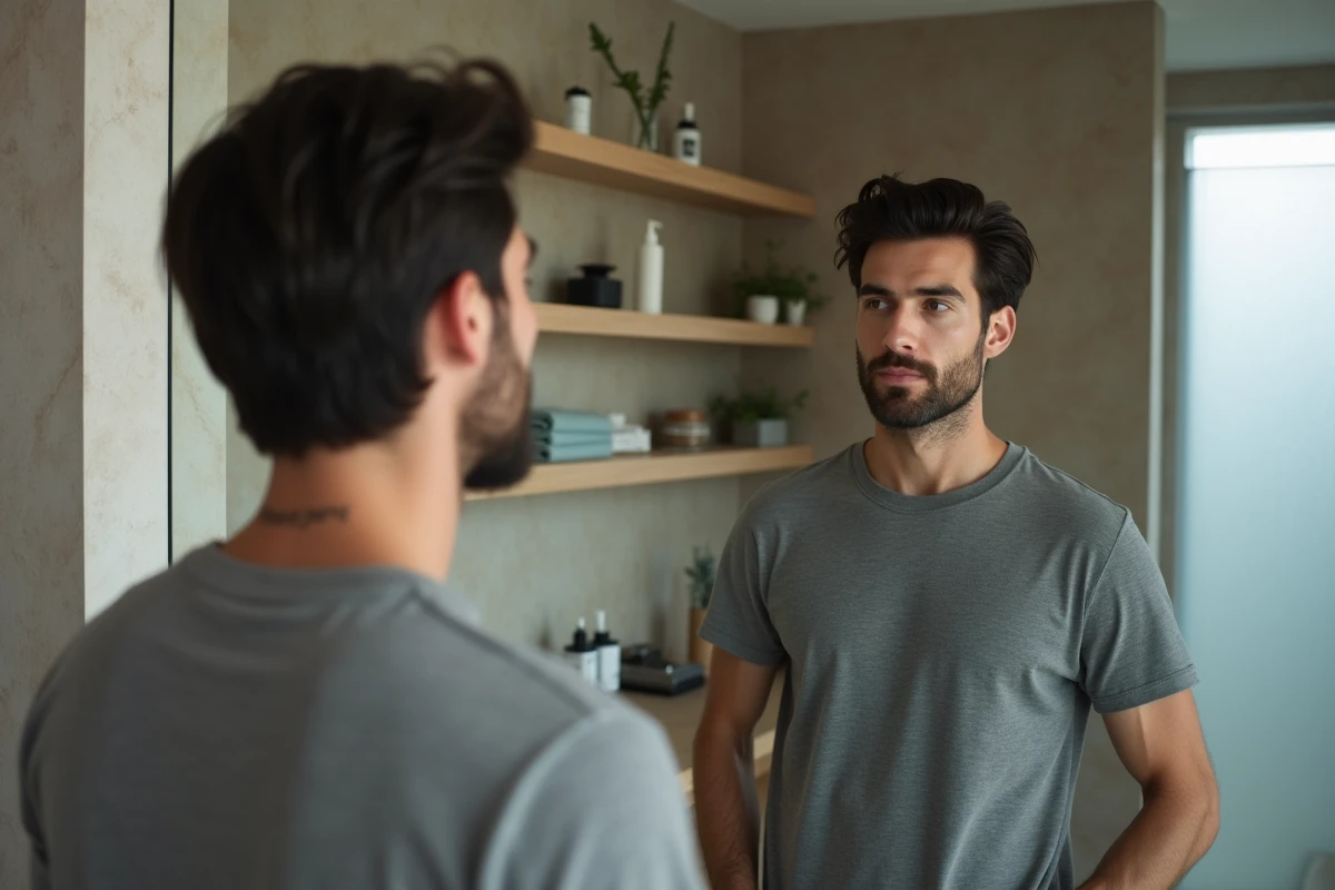 Homme étudiant sa forme de visage devant un miroir de salle de bain pour choisir la coupe idéale