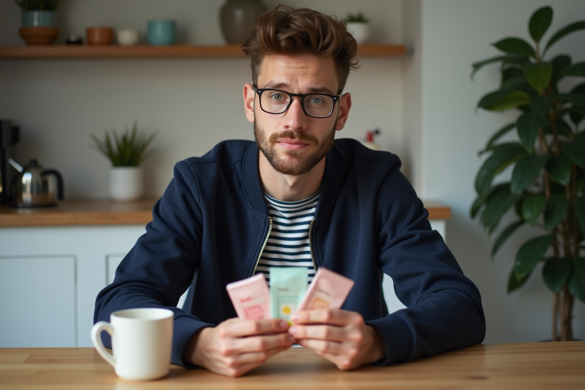 Jeune homme tenant des échantillons de produits de beauté