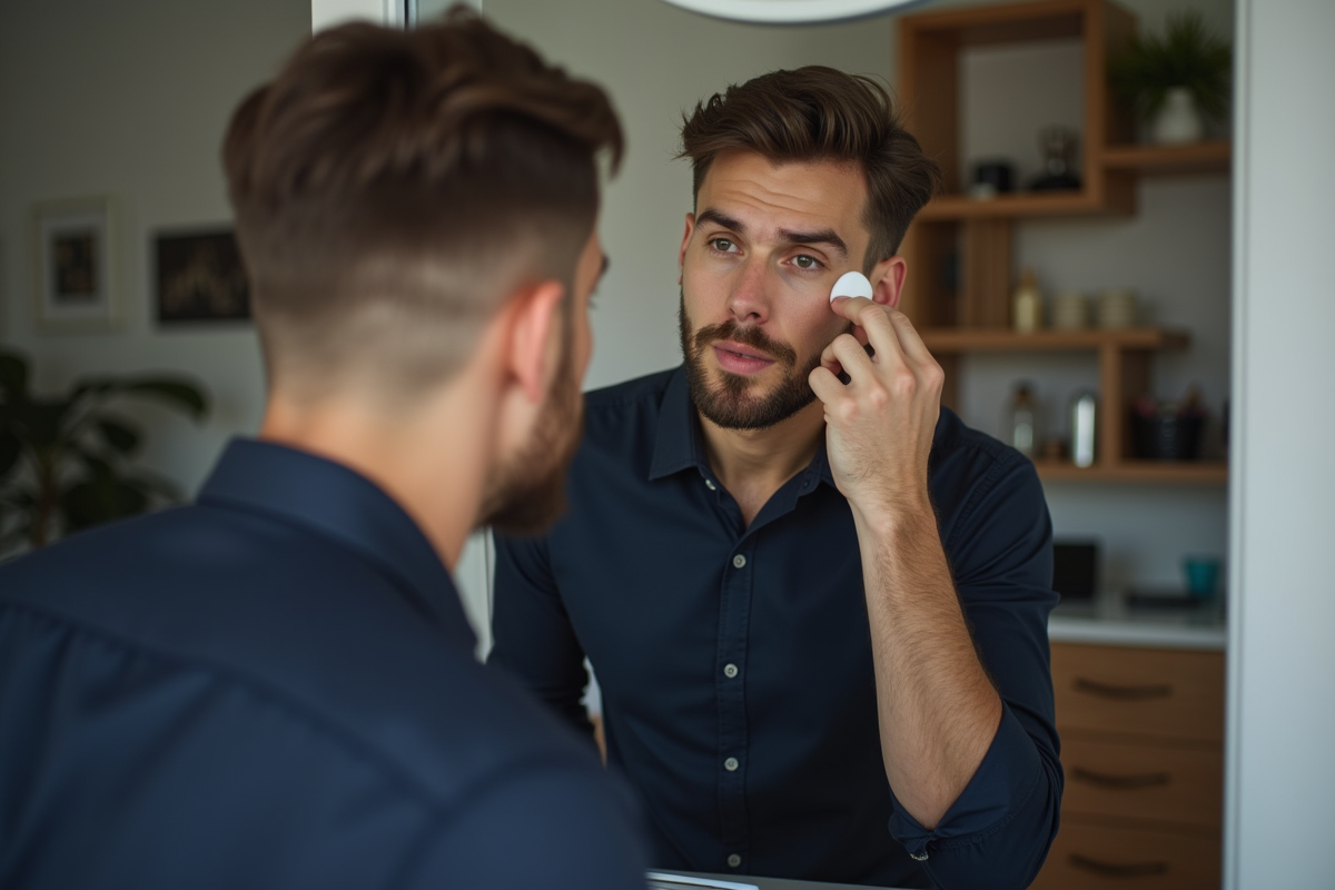 Homme utilisant une éponge pour le maquillage dans sa chambre