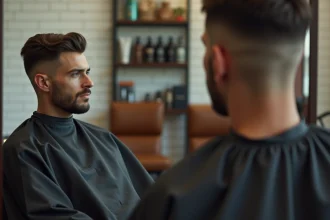 Homme dans un salon de coiffure moderne évaluant sa nouvelle coupe de cheveux dans un miroir