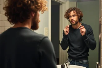 Homme aux cheveux bouclés vérifiant son reflet dans le miroir