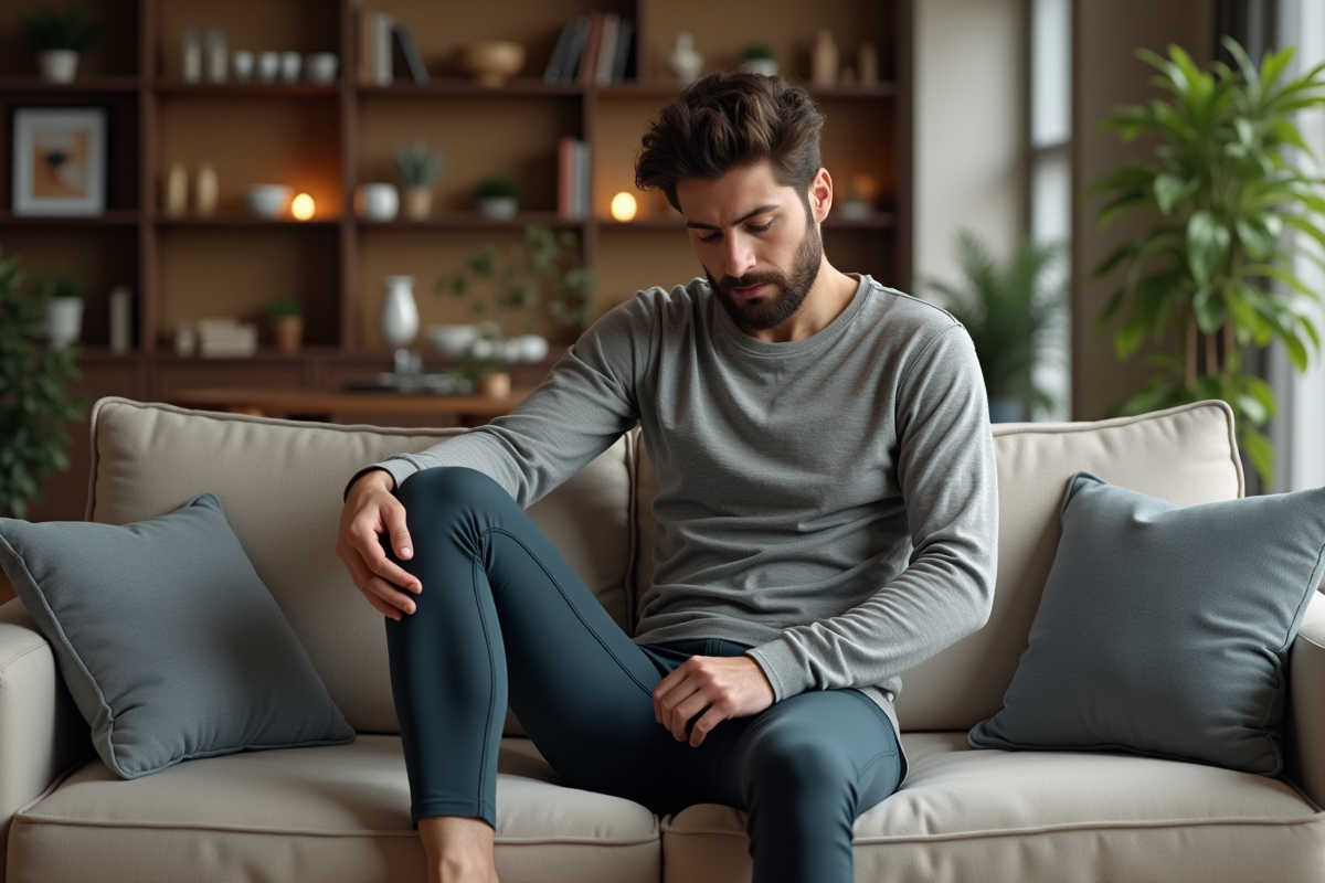 Jeune homme ajustant ses leggings dans un intérieur cosy