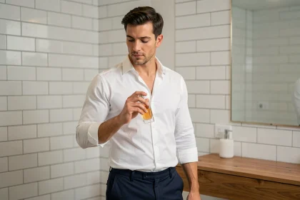Homme élégant en chemise blanche tenant un flacon de parfum dans une salle de bain moderne minimaliste