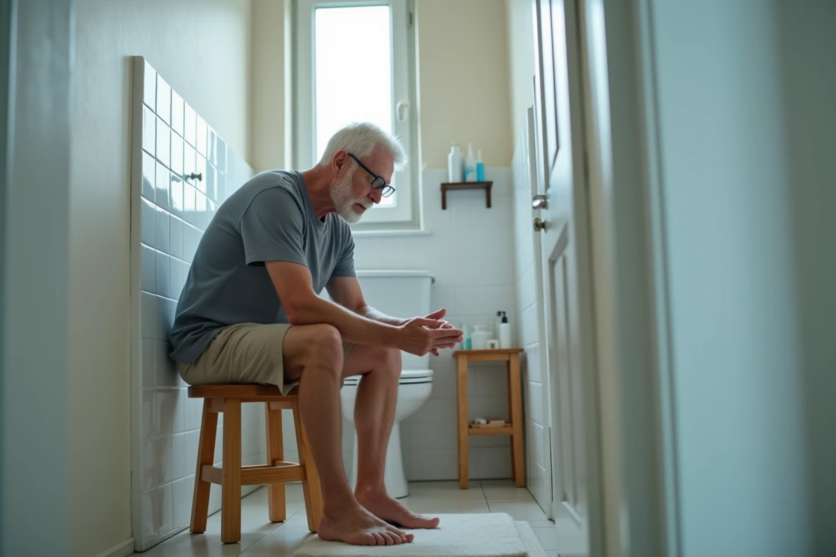 Homme d'une cinquantaine d'années inspectant ses ongles de pieds épais et striés dans une salle de bain, illustrant un problème courant d'ongles durs récurrents
