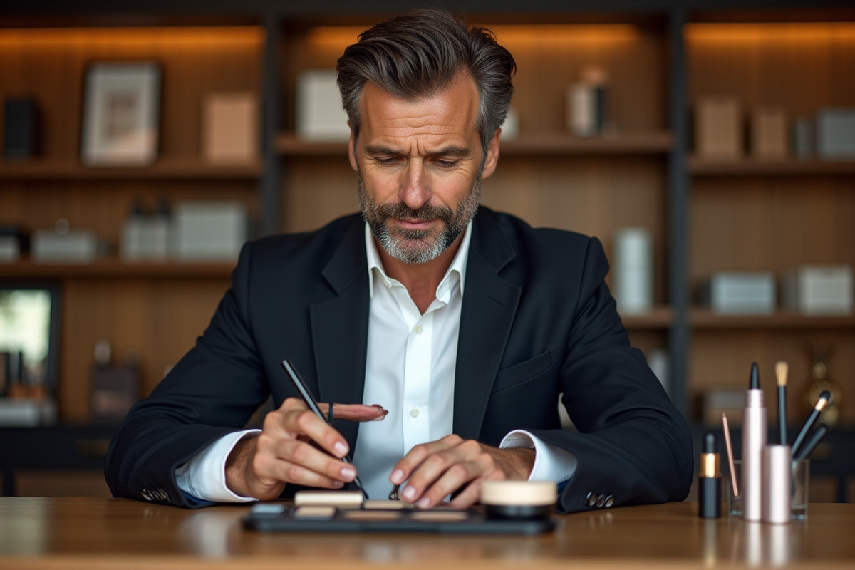 Homme mature examinant une palette de maquillage dans une boutique chic
