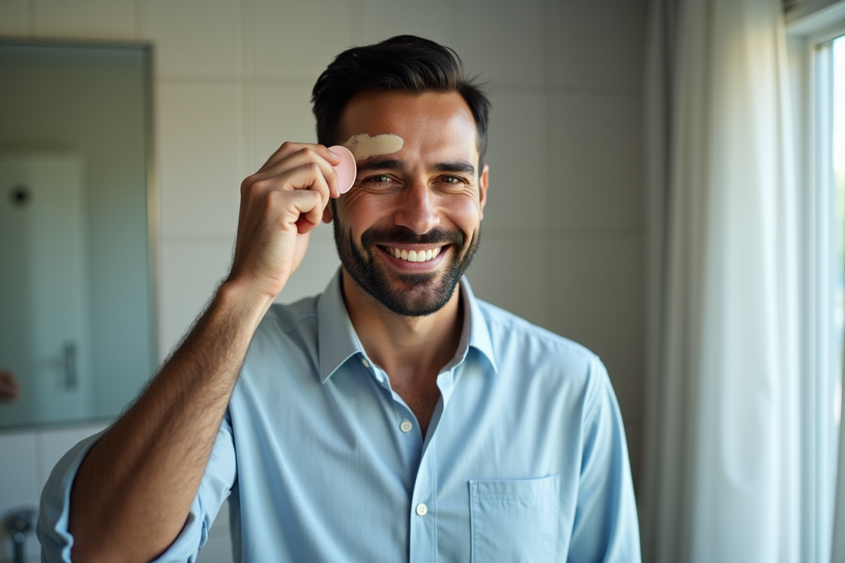 Homme appliquant du fond de teint dans sa salle de bain