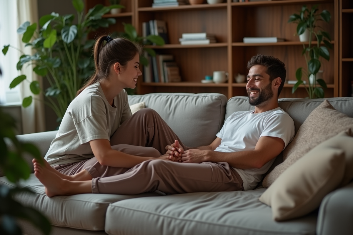 Homme recevant un massage de pied par sa partenaire dans le salon