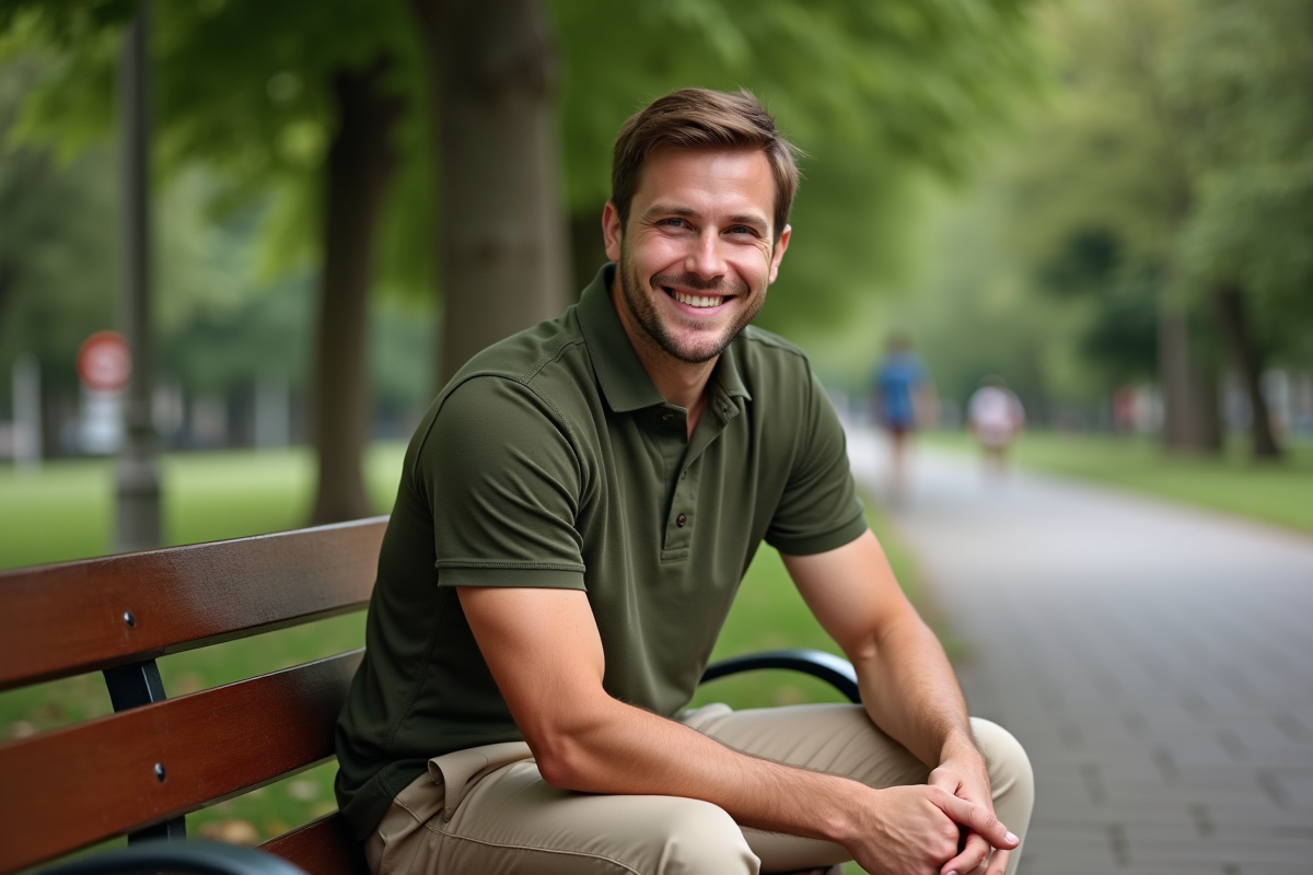 Jeune homme souriant assis sur un banc dans un parc