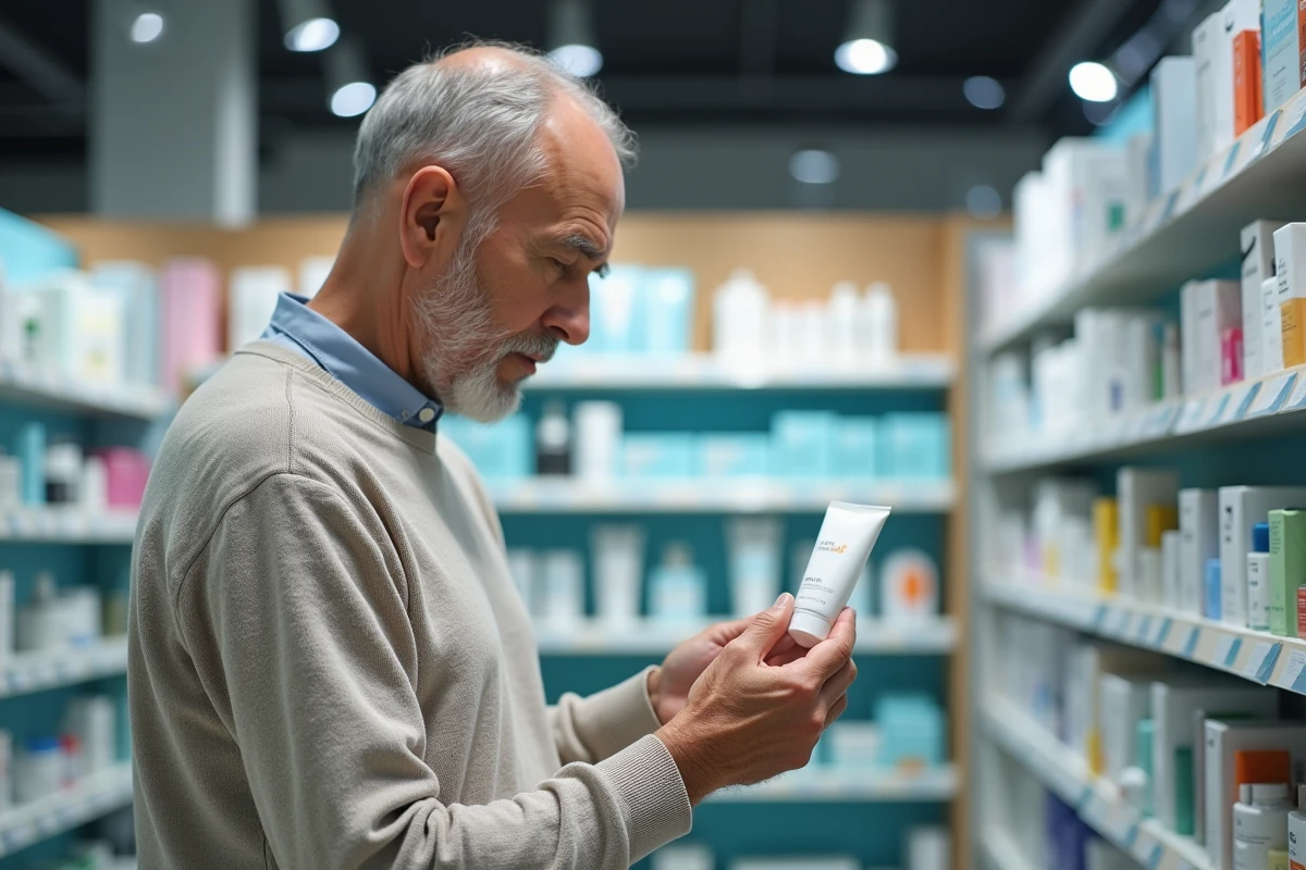 Homme examinant étiquettes de produits de soin en pharmacie