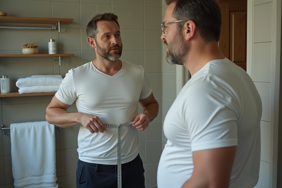 Homme mesurant son torse avec un ruban dans la salle de bain
