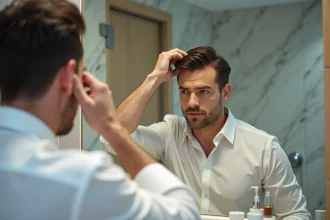 Homme en costume blanc se coiffant devant miroir dans salle de bain
