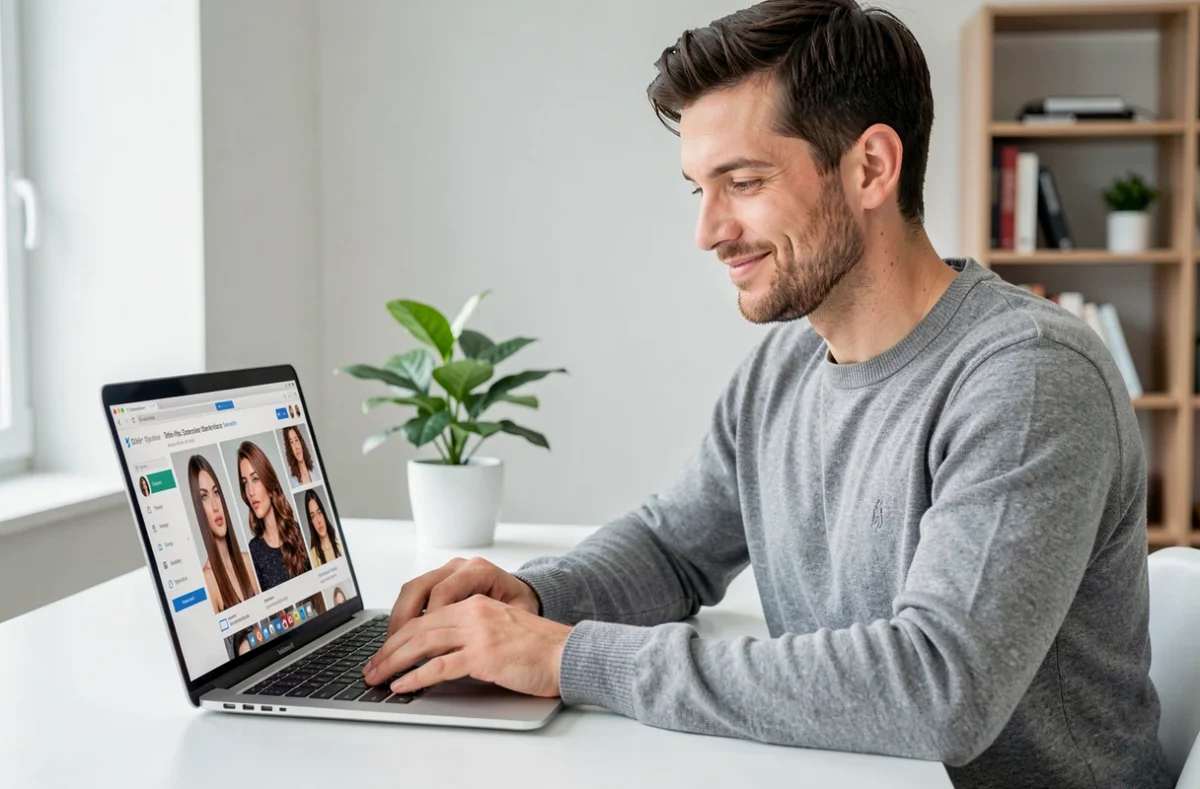 Homme cherchant une coupe de cheveux idéale sur un blog beauté depuis son domicile