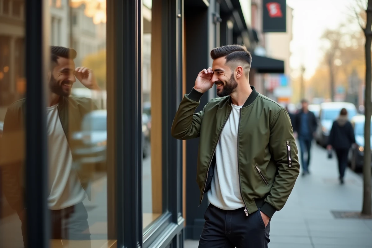 Homme dans la rue regardant son reflet dans une vitrine pour évaluer sa coupe de cheveux