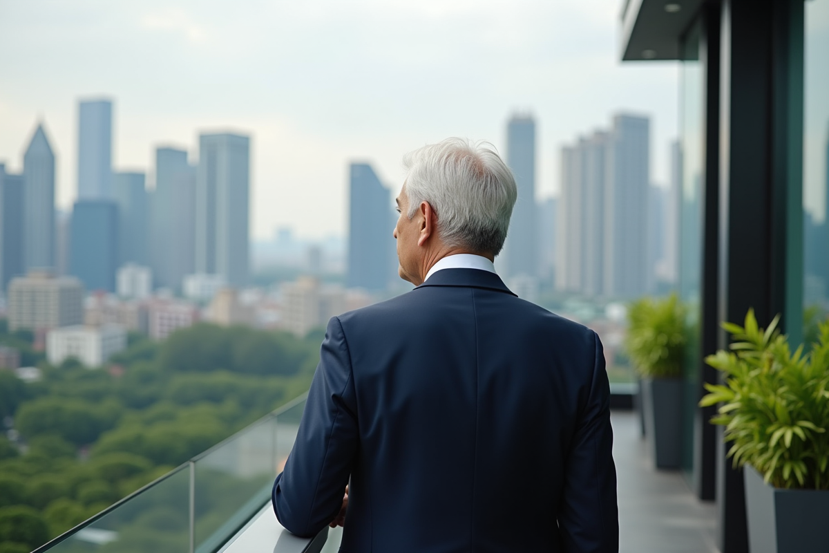 Homme en costume regardant la ville depuis un toit privé