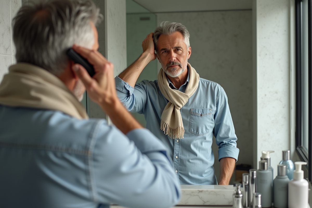 Homme de 50 ans se coiffant devant un miroir moderne