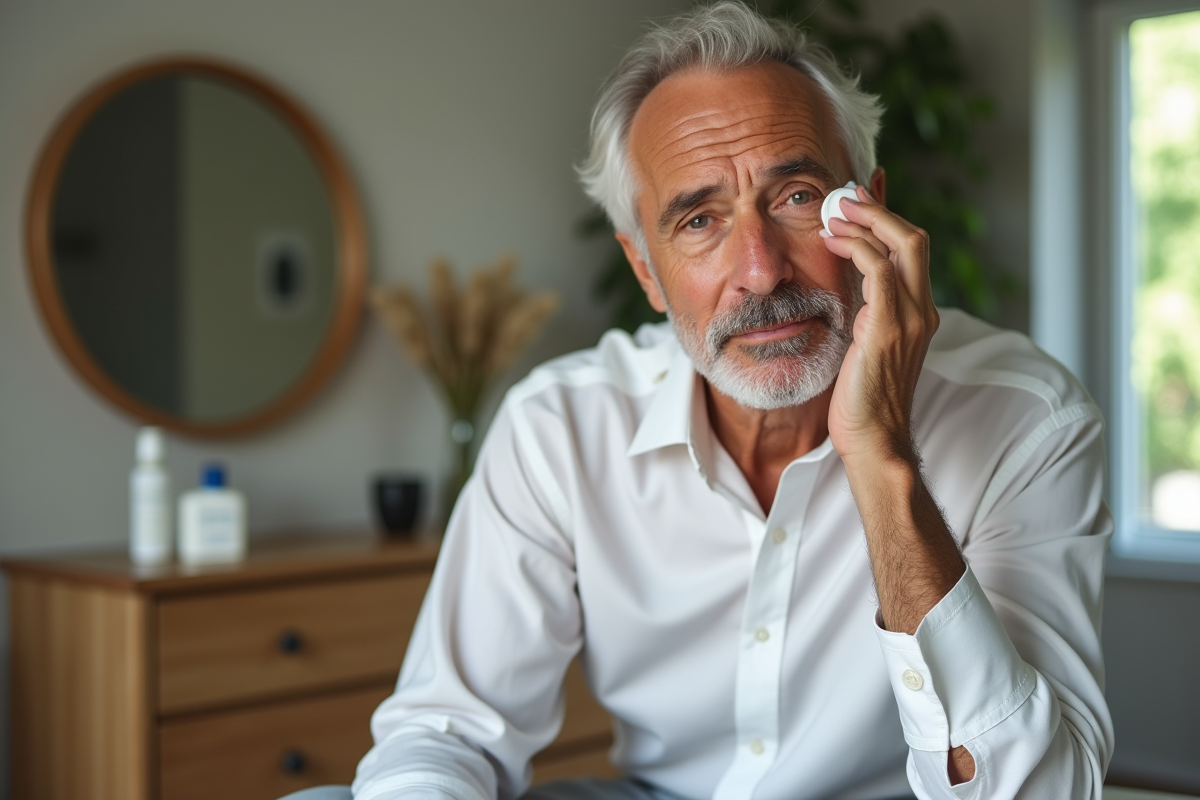 Homme examinant son reflet en appliquant crème visage