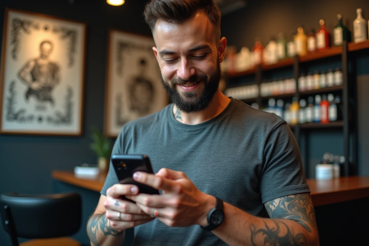 Homme consulte prix tatouage dans studio urbain