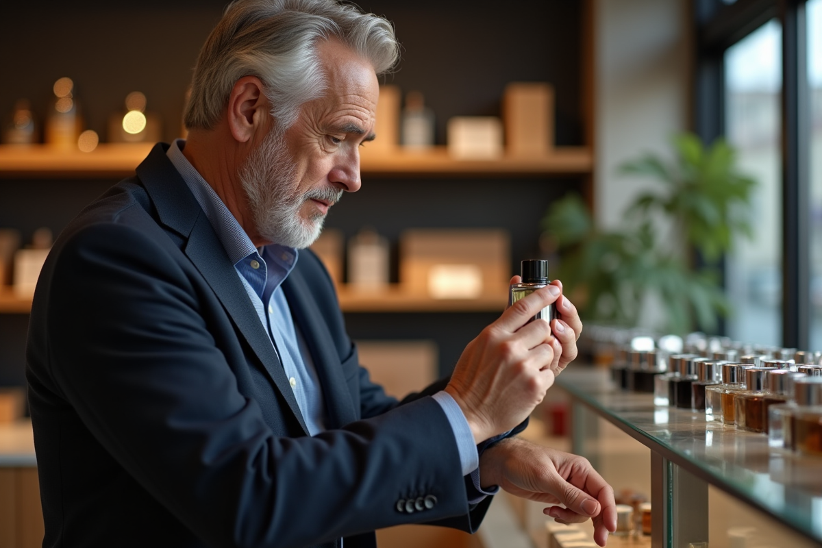 Homme testant un parfum dans une boutique moderne en Espagne