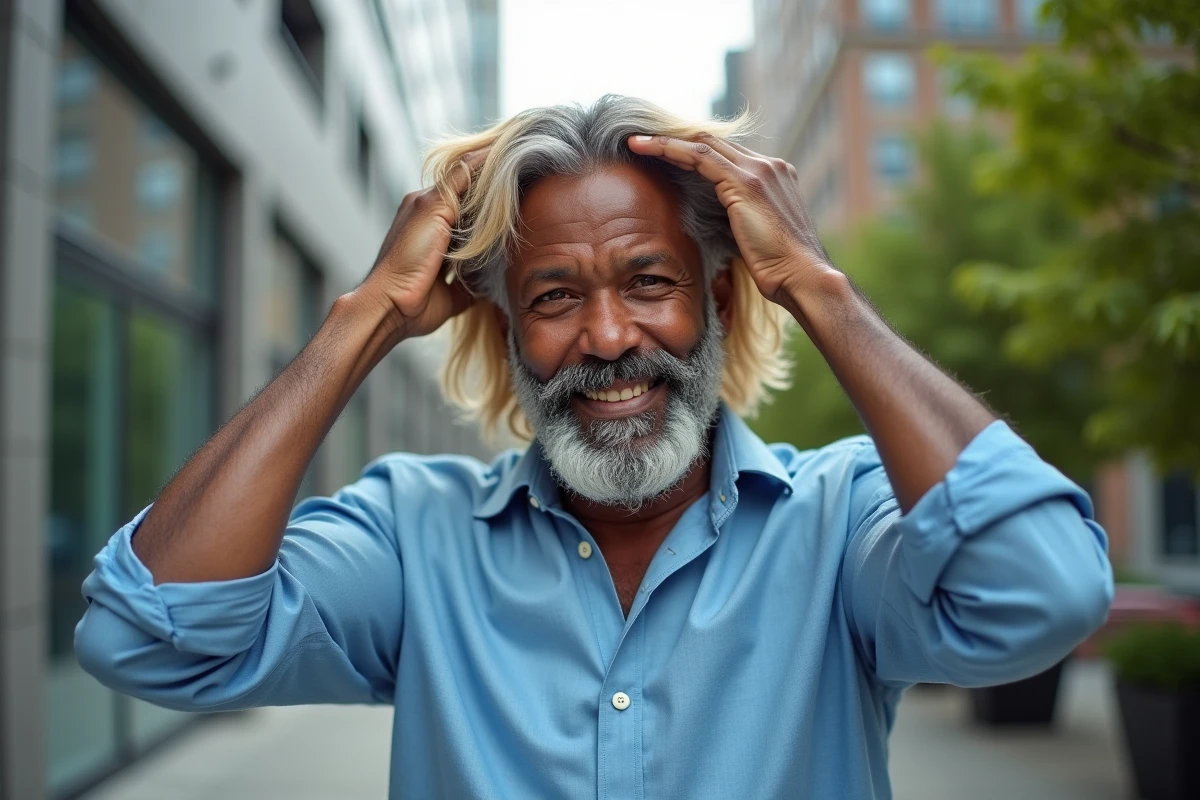 Homme en extérieur ajustant sa coiffure avec highlight blond