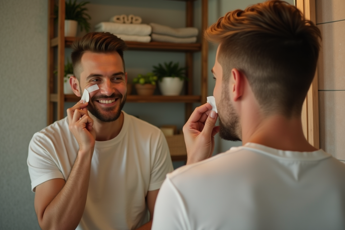 Homme appliquant un patch purifiant sur le nez