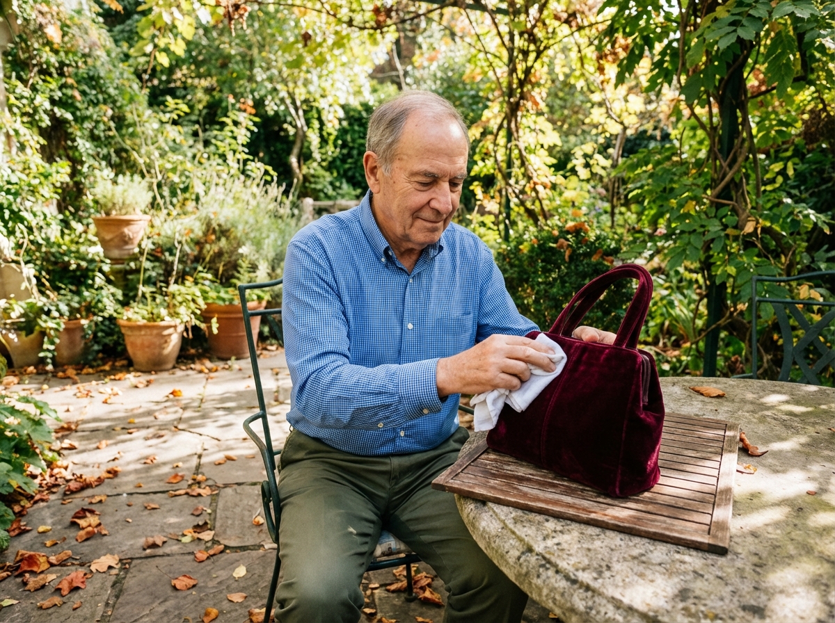 Homme d age nettoyant un sac en velours dans un jardin