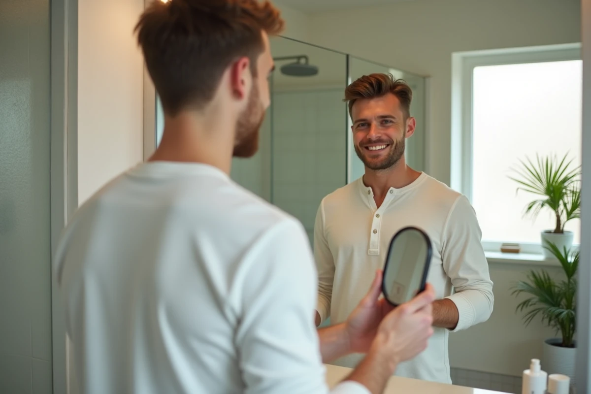 Jeune homme vérifiant sa coupe de cheveux à la maison avec un miroir à main dans une salle de bain