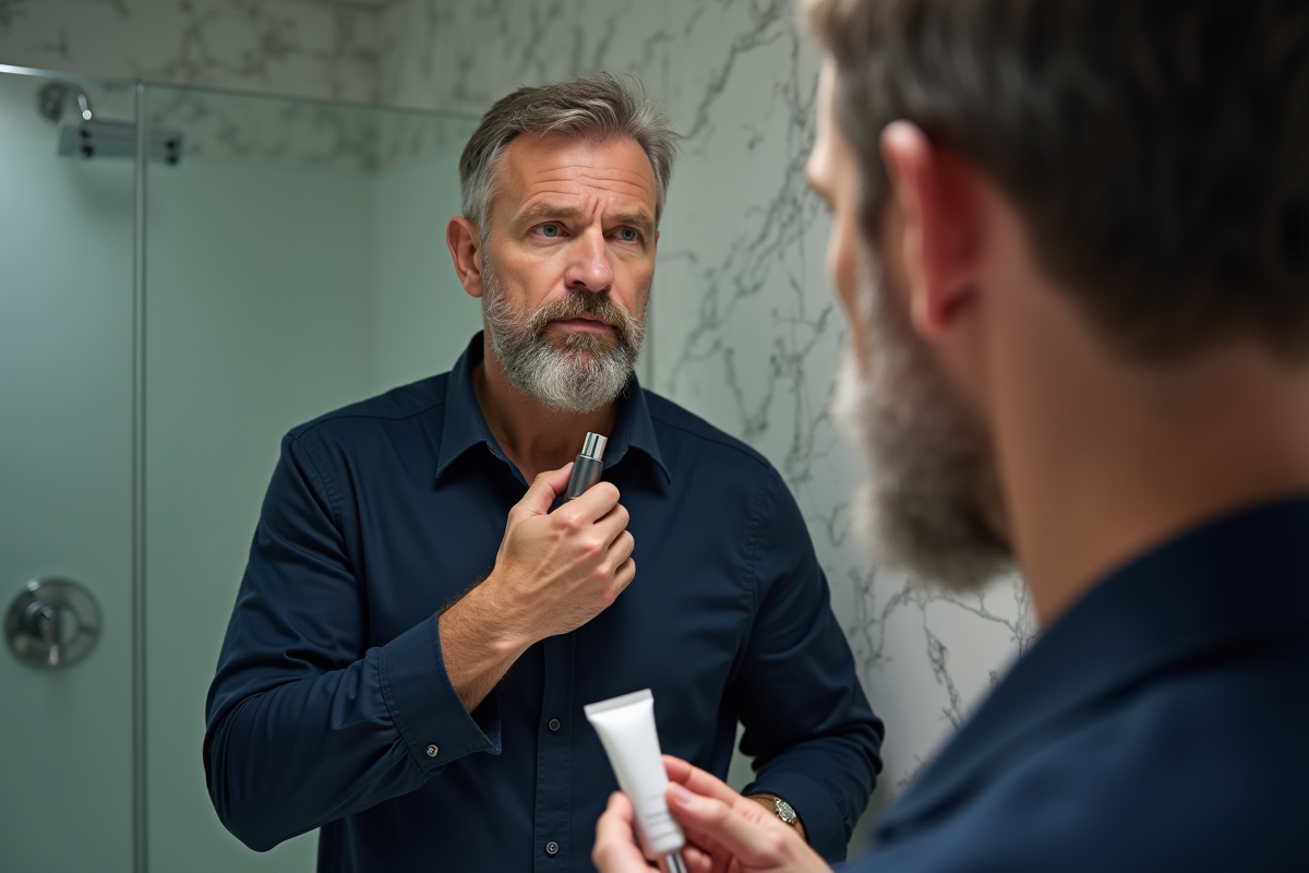 Homme regardant son reflet en examinant un sérum anti-âge