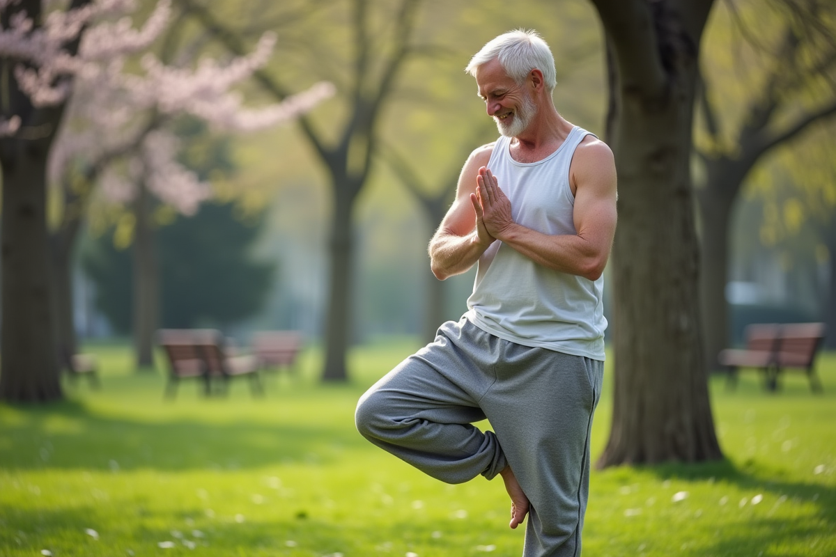 Homme en yoga dans un parc au printemps