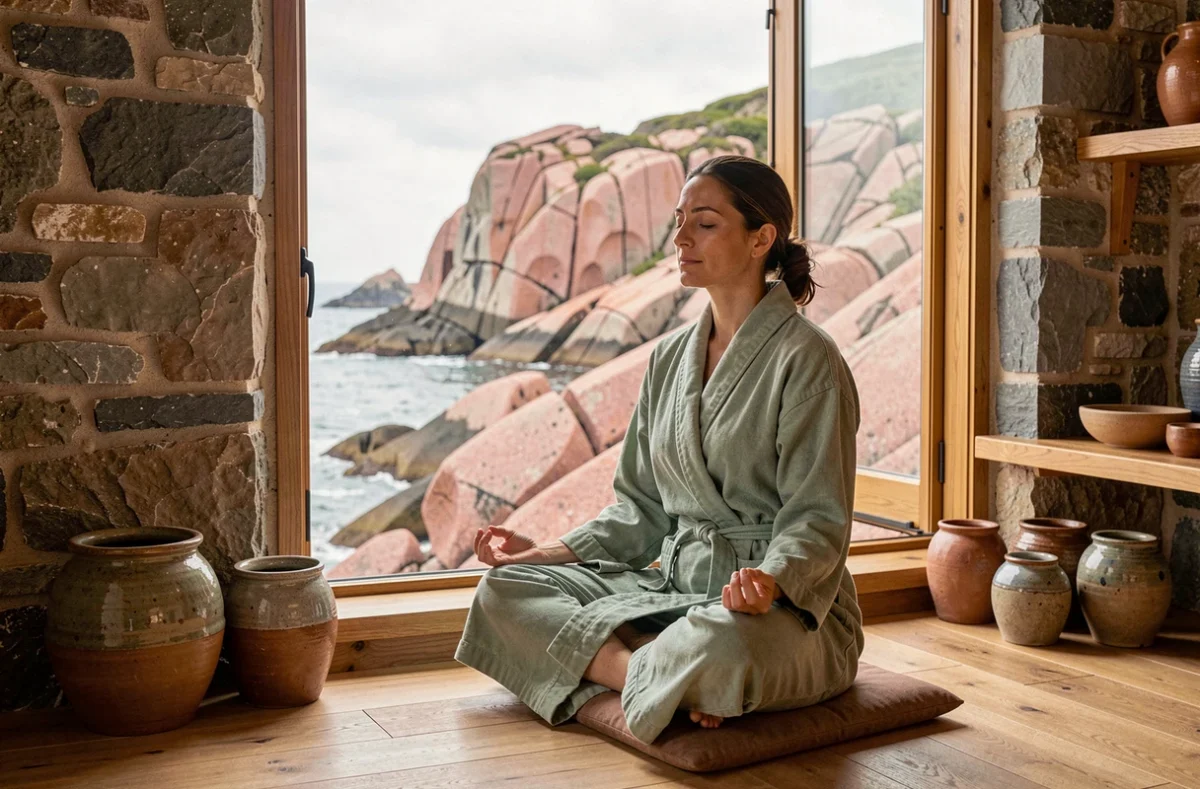 Femme méditant dans le spa de l'Hôtel L'Agapa avec vue sur la côte de granit rose de Perros-Guirec