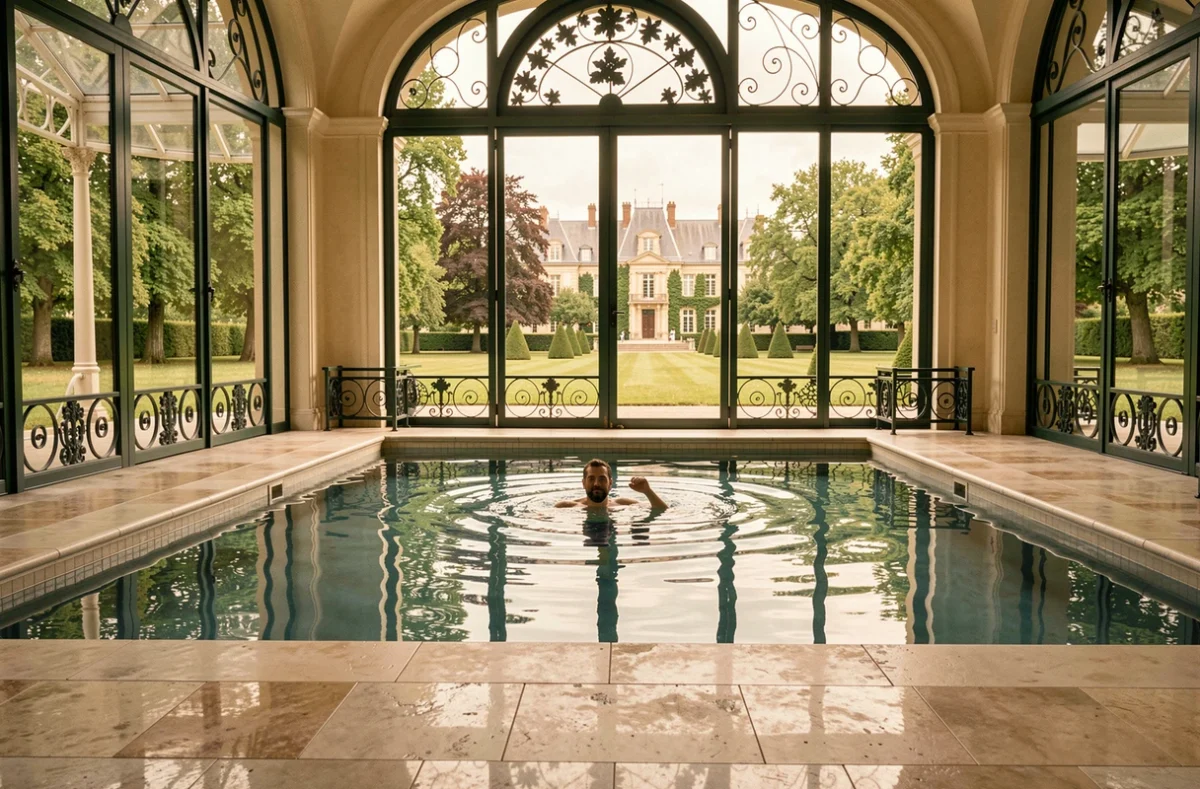 Homme dans la piscine intérieure du spa de l'Hôtel du Domaine de Cicé Blossac avec vue sur les jardins du château près de Rennes