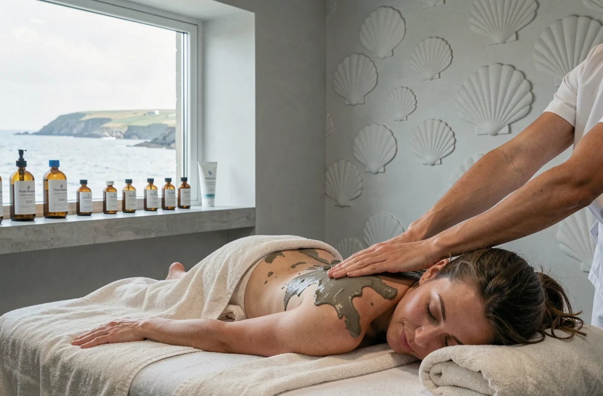 Soin au limon marin dans une suite de thalassothérapie de l'Hôtel Thalasso & Spa Émeria à Dinard avec vue sur la Côte d'Émeraude